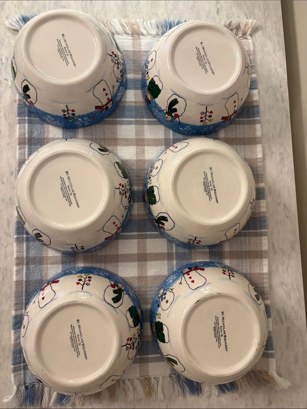 St. Nicholas Square 6 Button Up Blue Snowman Cereal / Soup Bowls Holiday